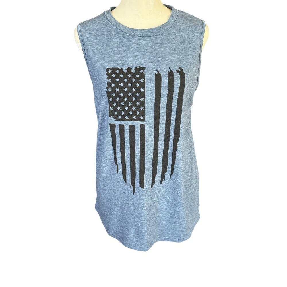 IRISGOD blue with a black American flag sleeveless stretchy crewneck tank top S